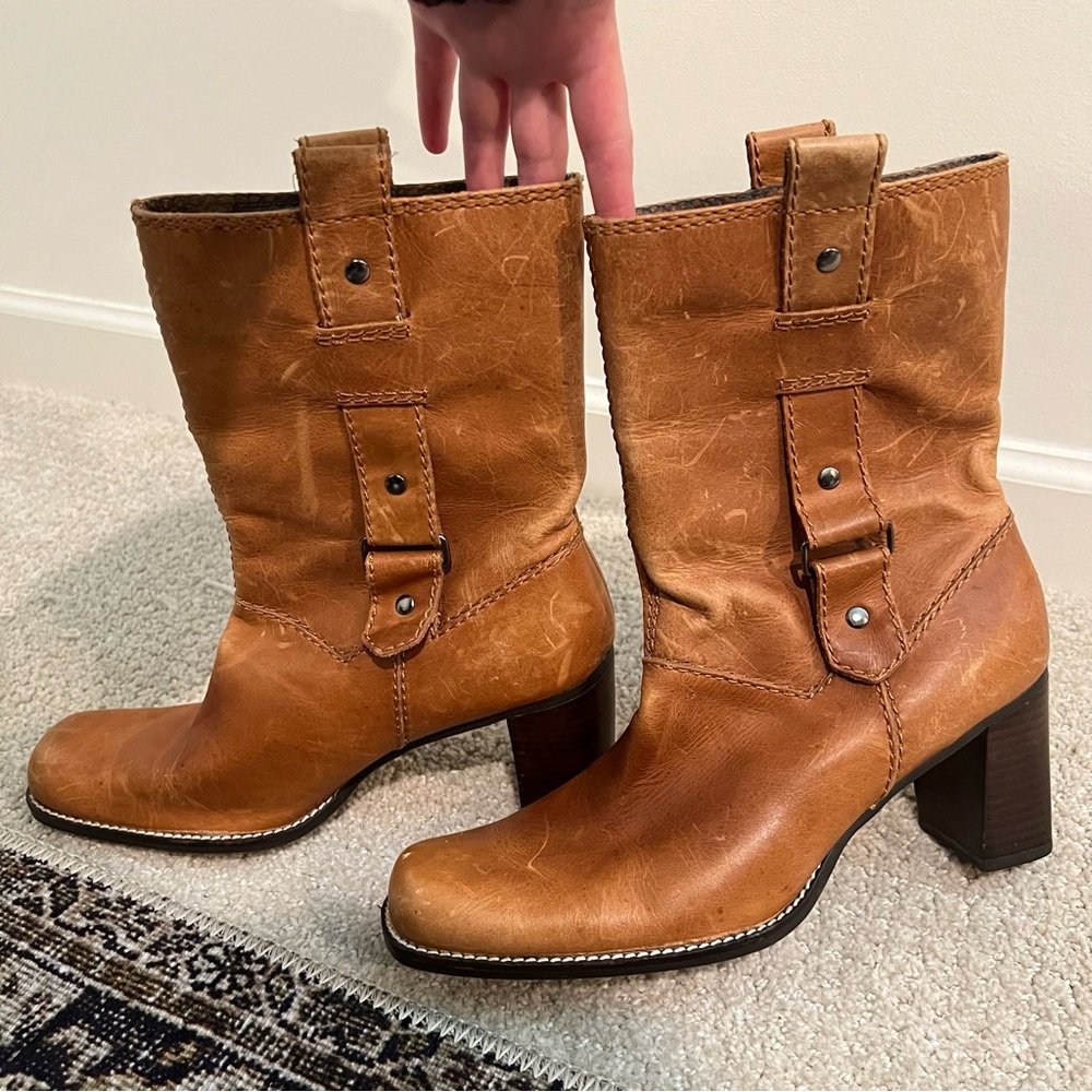 Aerosoles Women's Tan Ankle Moto Heeled Boots Size 8.5
